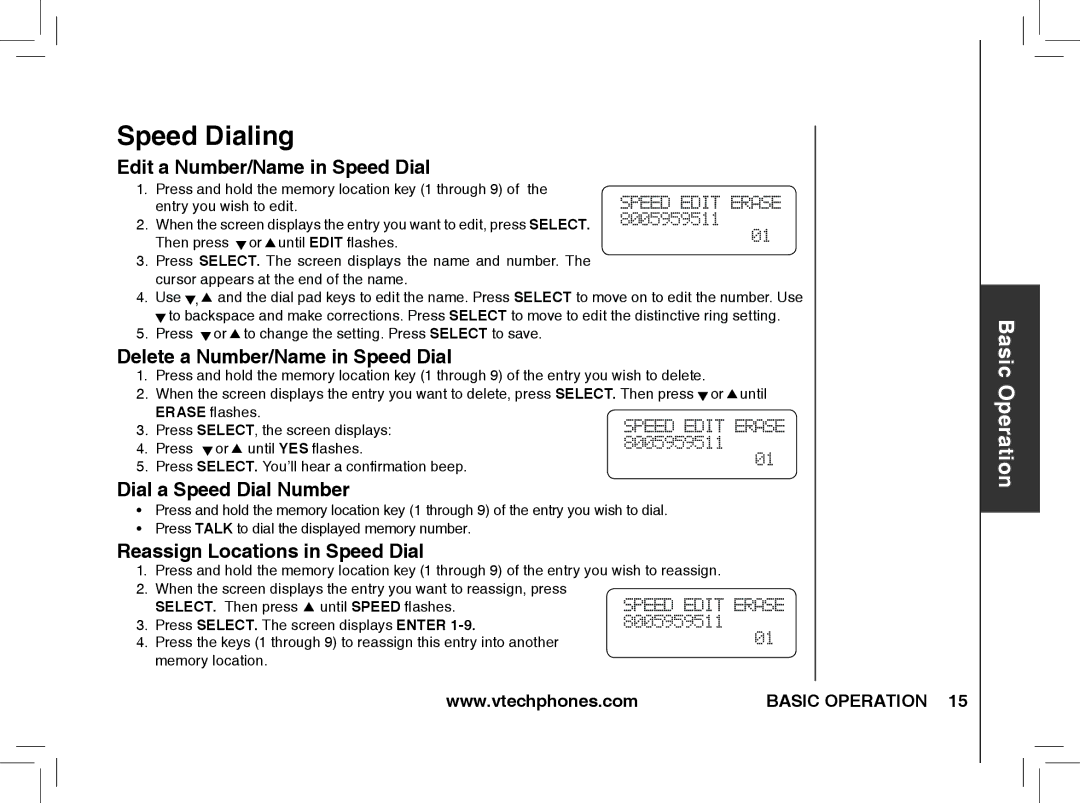 VTech t2353, t2351, t2350 Edit a Number/Name in Speed Dial, Delete a Number/Name in Speed Dial, Dial a Speed Dial Number 