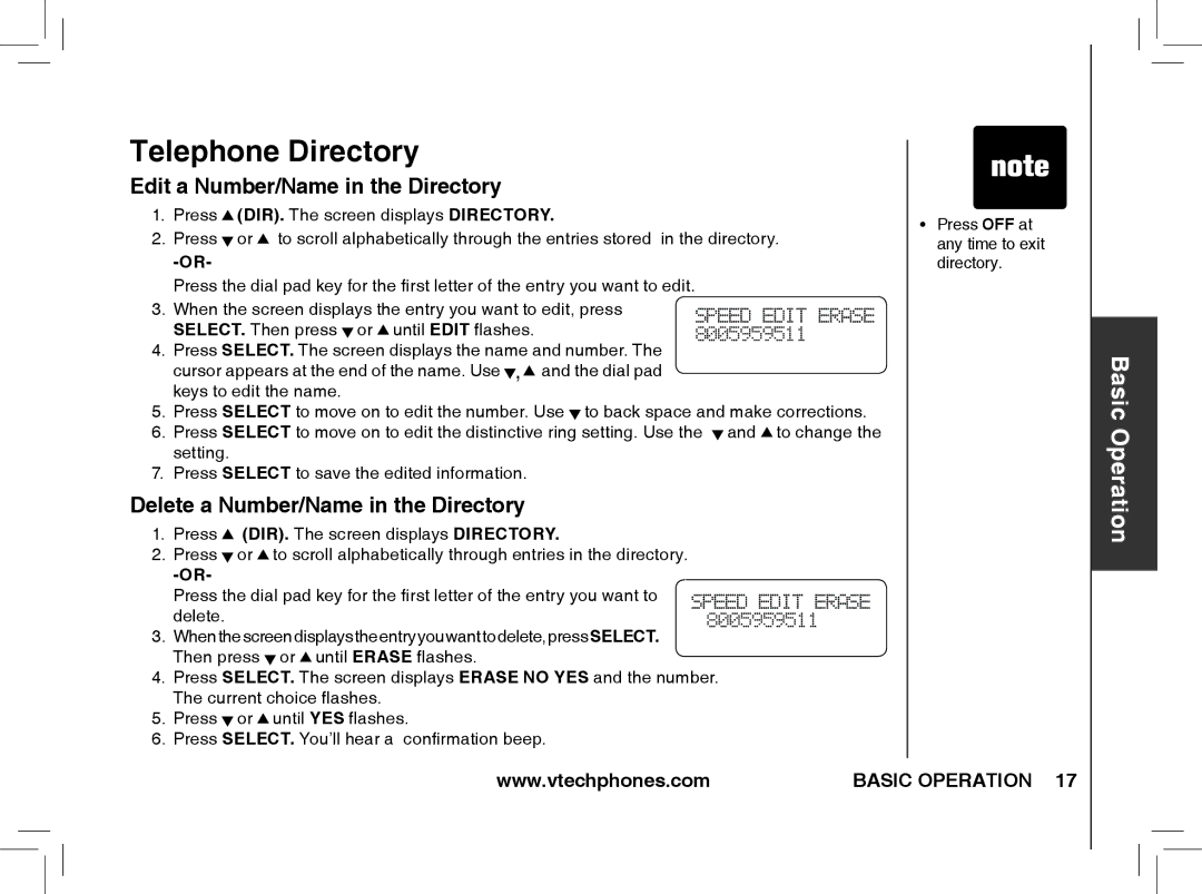 VTech t2350, t2353, t2351 warranty Edit a Number/Name in the Directory, Delete a Number/Name in the Directory 