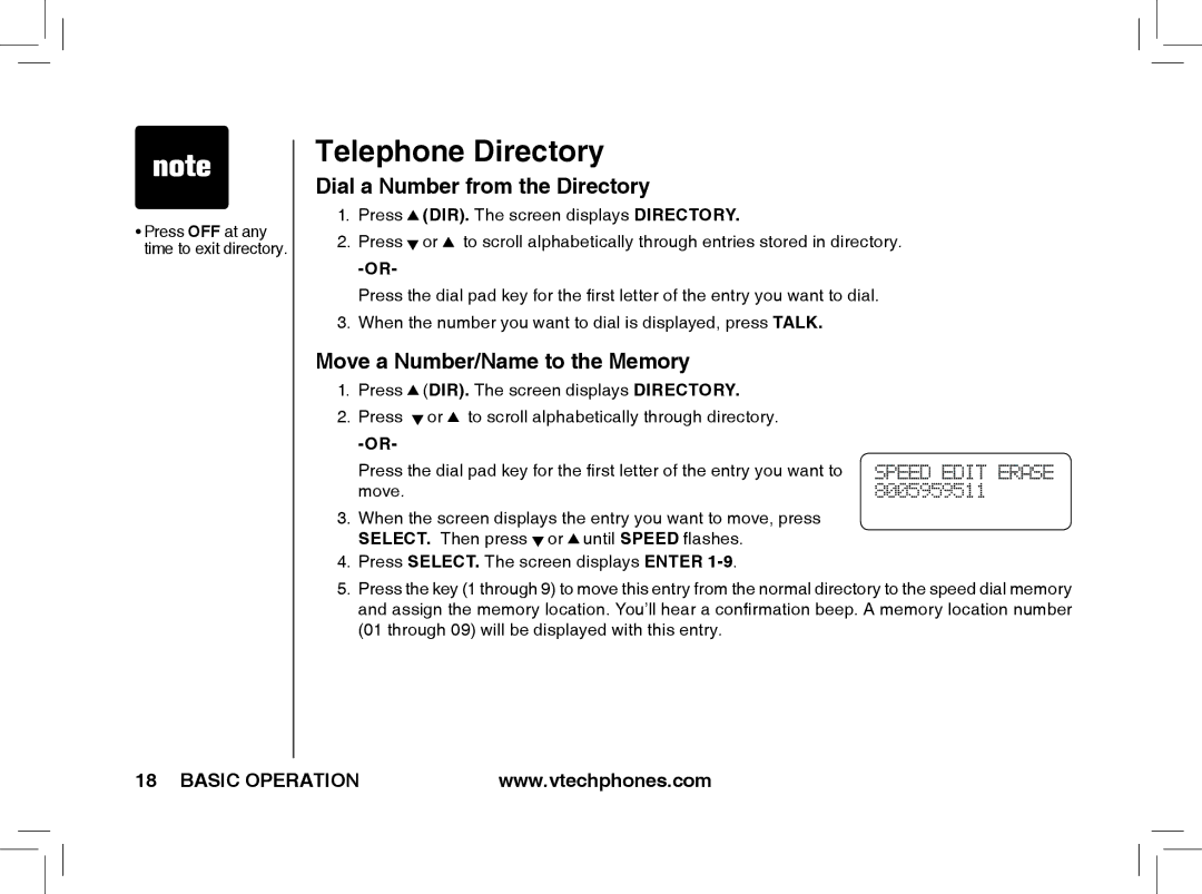 VTech t2353, t2351, t2350 warranty Dial a Number from the Directory, Move a Number/Name to the Memory 