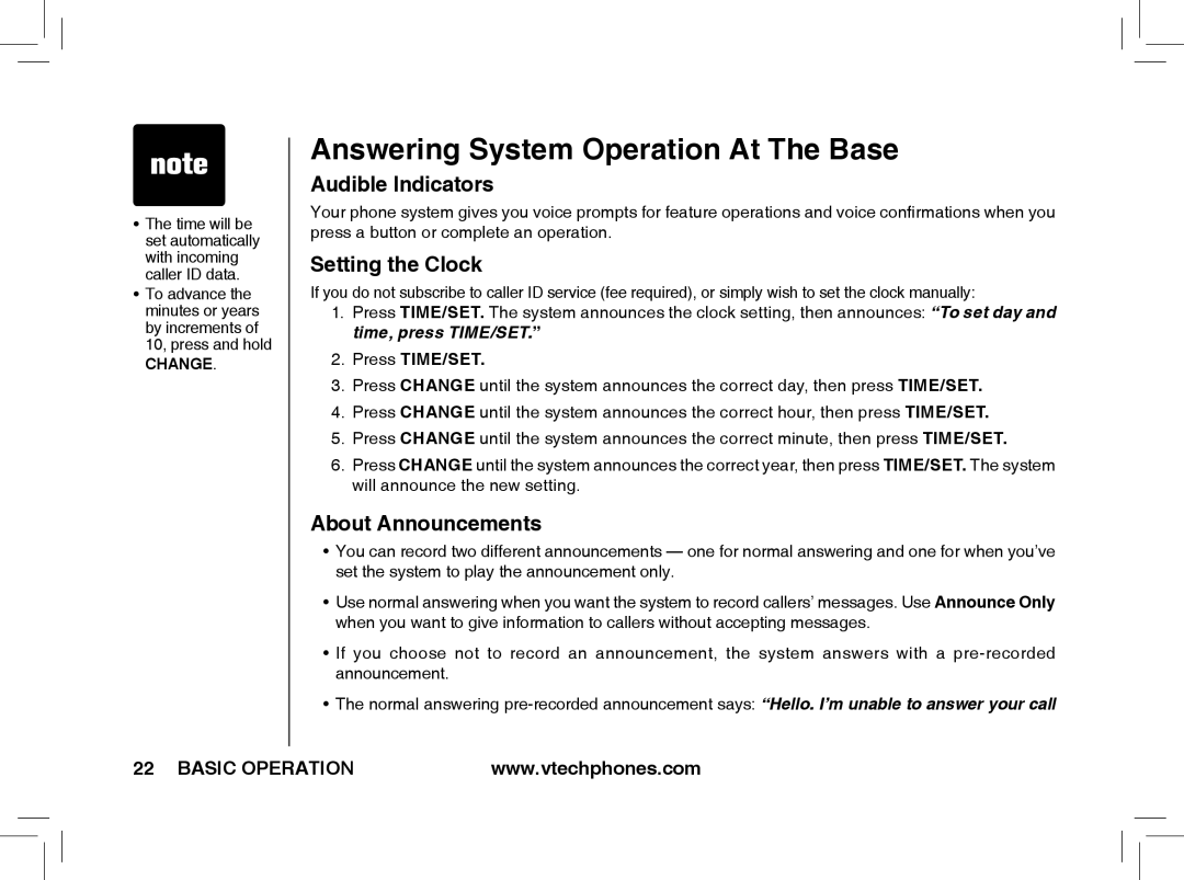 VTech t2351, t2353 Answering System Operation At The Base, Audible Indicators, Setting the Clock, About Announcements 