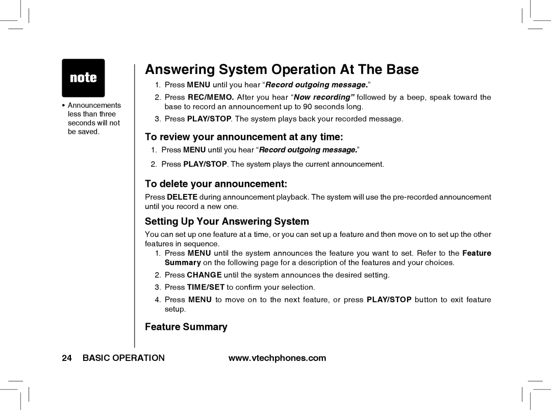 VTech t2353, t2351 To review your announcement at any time, To delete your announcement, Setting Up Your Answering System 