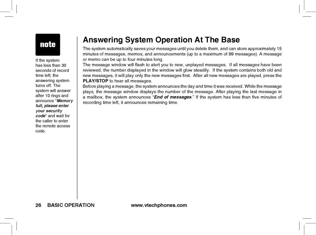 VTech t2350, t2353, t2351 warranty Answering System Operation At The Base 