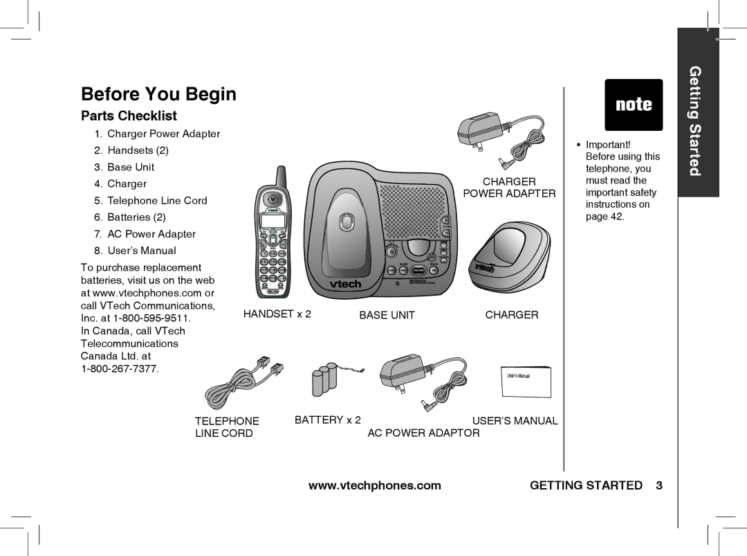 VTech t2353, t2351, t2350 warranty Before You Begin, Parts Checklist 