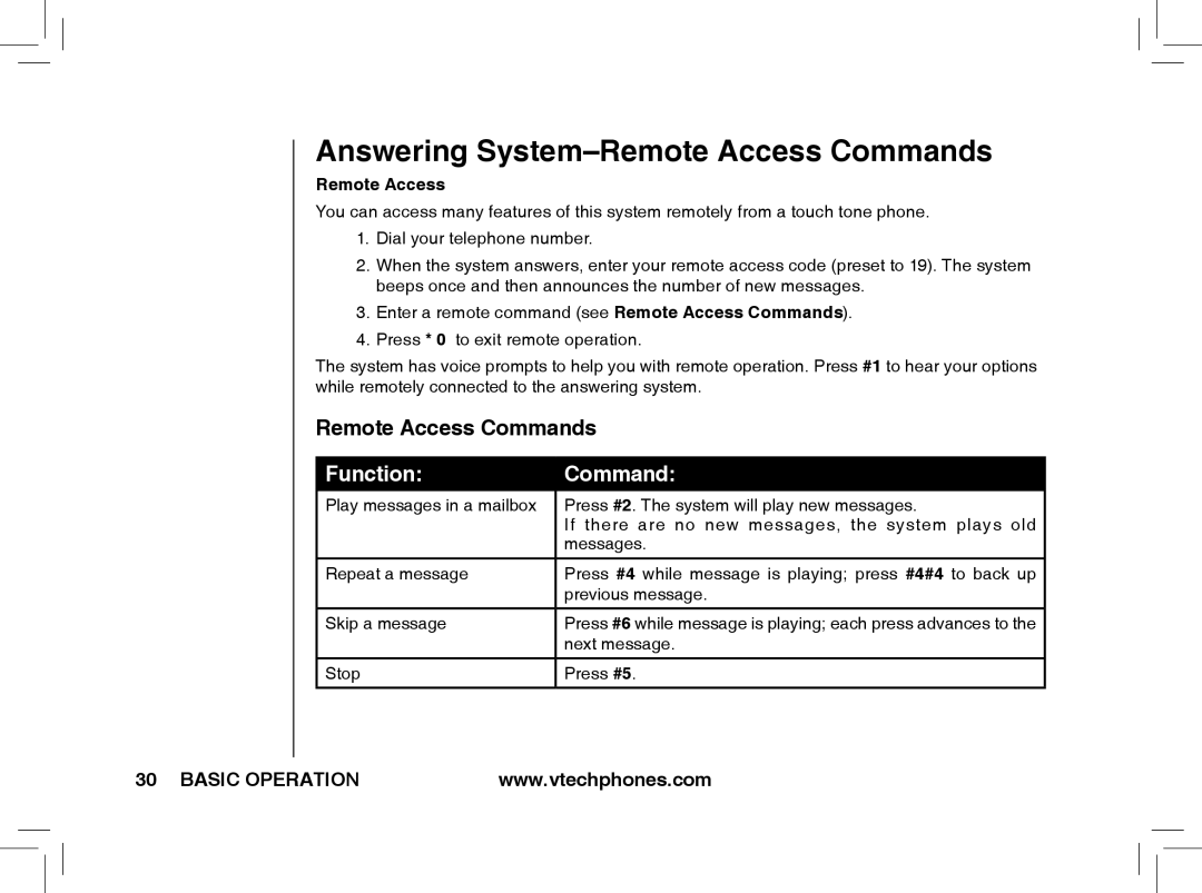 VTech t2353, t2351, t2350 warranty Answering System-Remote Access Commands 