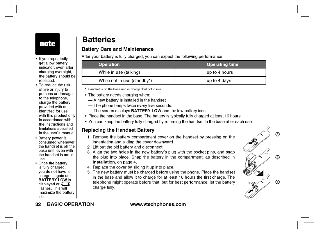 VTech t2350, t2353, t2351 warranty Batteries, Battery Care and Maintenance 