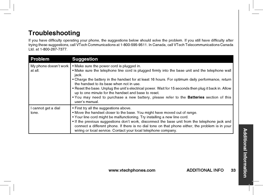 VTech t2353, t2351, t2350 warranty Troubleshooting, Problem Suggestion 