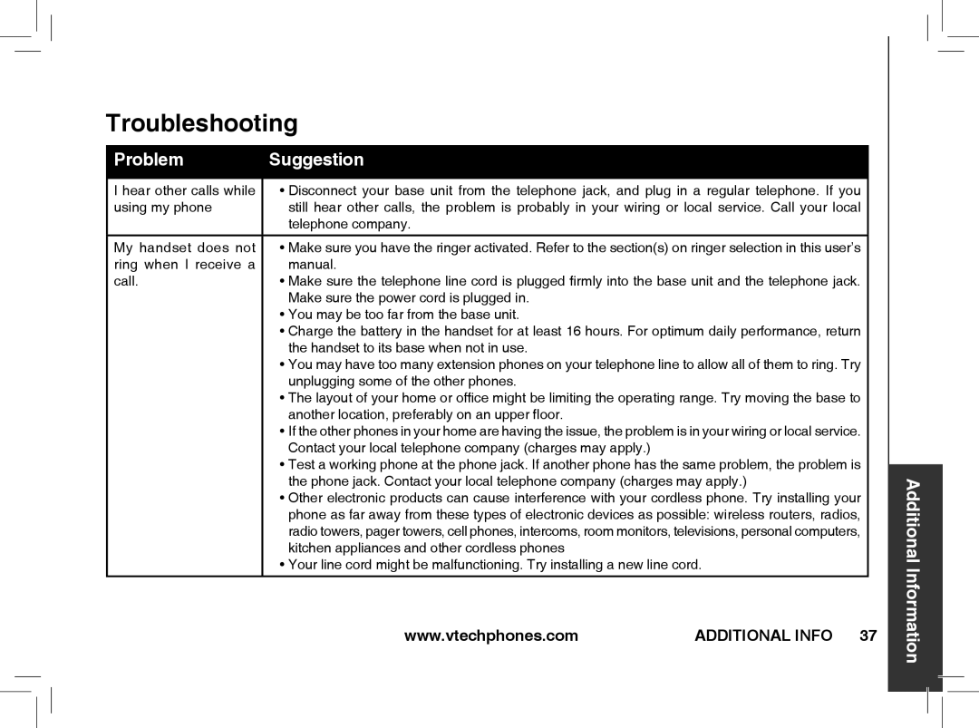 VTech t2351, t2353, t2350 warranty Troubleshooting 