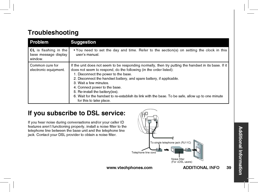 VTech t2353, t2351, t2350 warranty If you subscribe to DSL service 