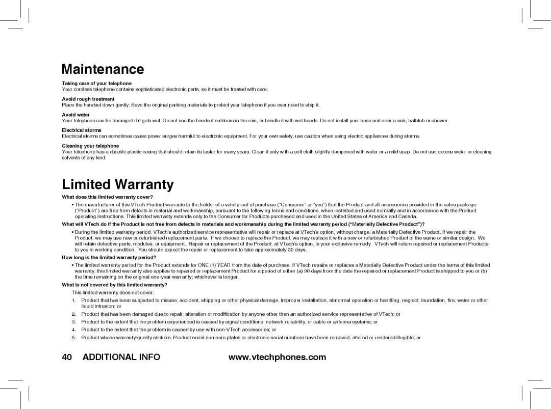 VTech t2351, t2353, t2350 warranty Maintenance, Limited Warranty 