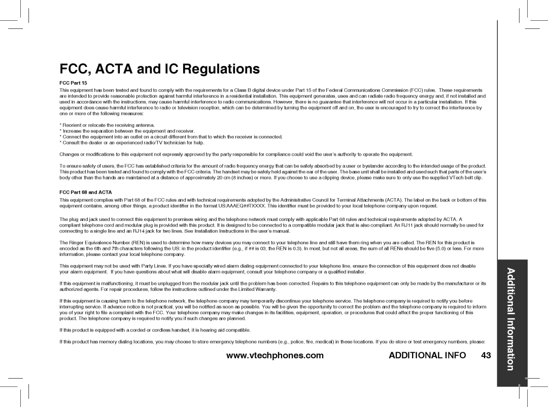 VTech t2351, t2353, t2350 warranty FCC, Acta and IC Regulations, FCC Part 