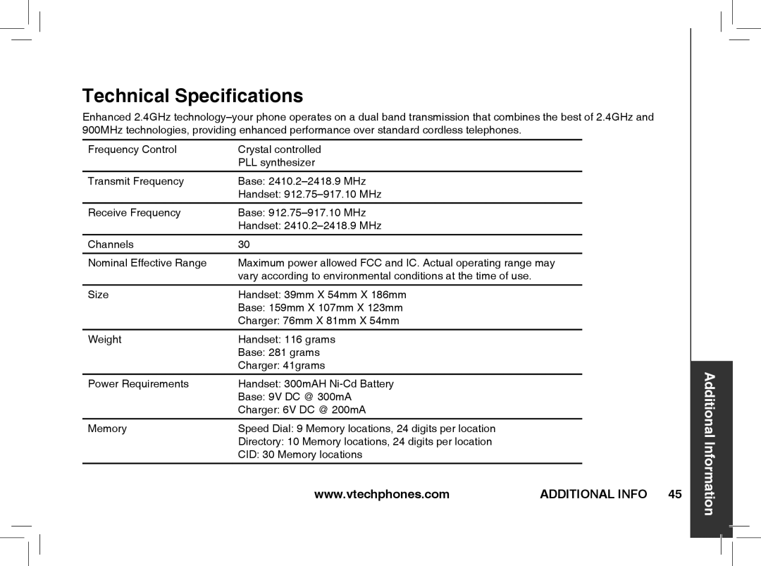 VTech t2353, t2351, t2350 warranty Technical Specifications 