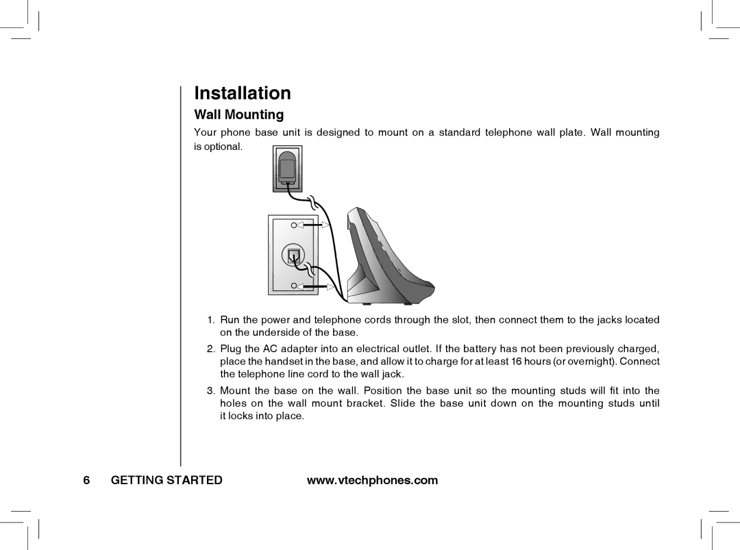 VTech t2353, t2351, t2350 warranty Wall Mounting 