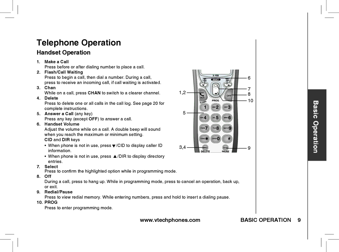 VTech t2353, t2351, t2350 warranty Telephone Operation, Handset Operation 