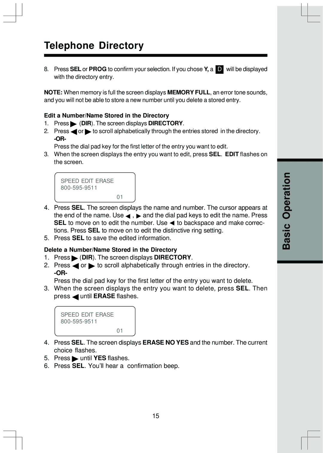 VTech t2415 manual Edit a Number/Name Stored in the Directory, Delete a Number/Name Stored in the Directory 