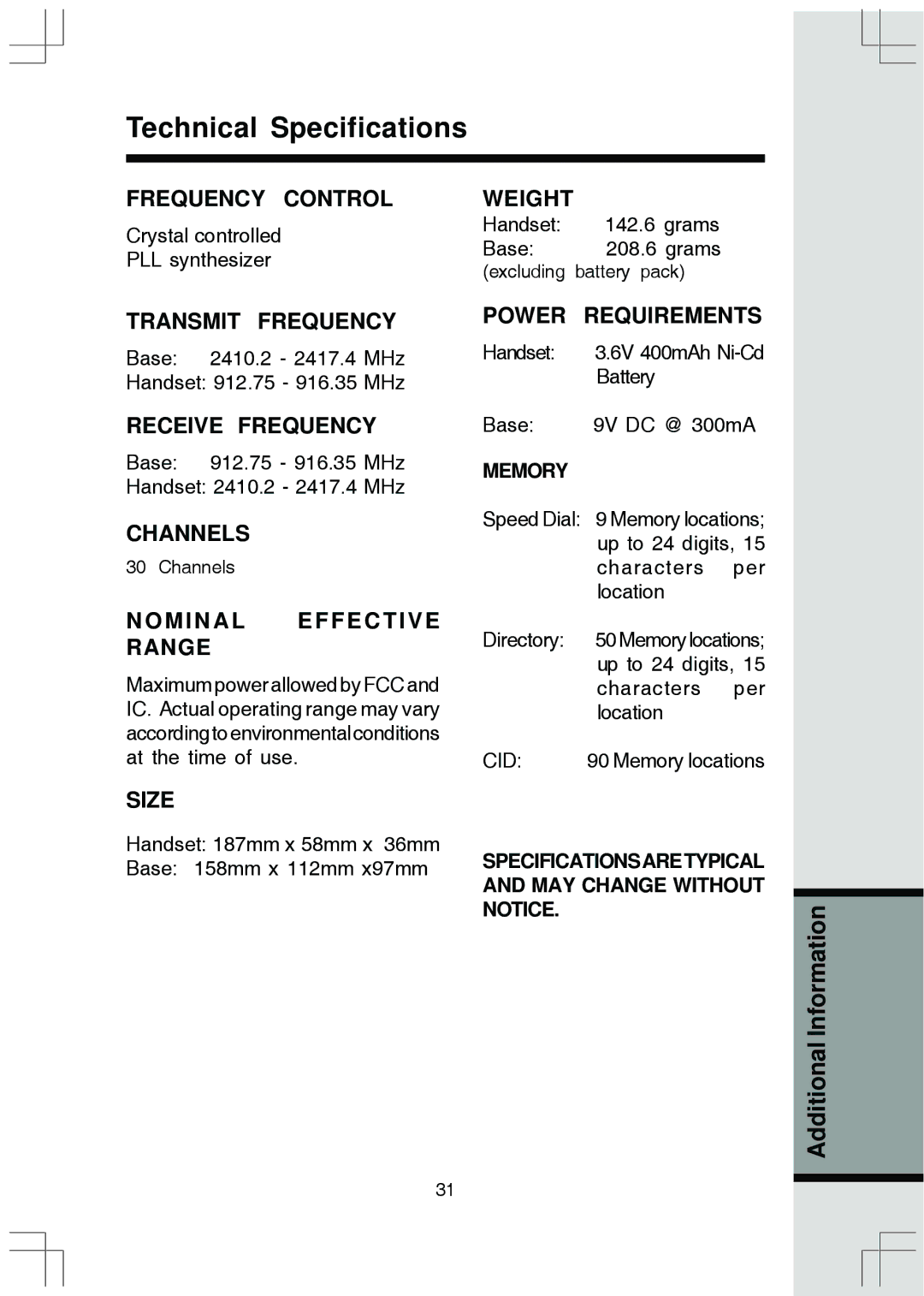 VTech t2415 manual Channels, Base 158mm x 112mm x97mm 