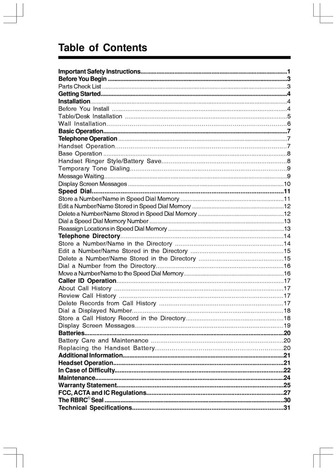 VTech t2415 manual Table of Contents 