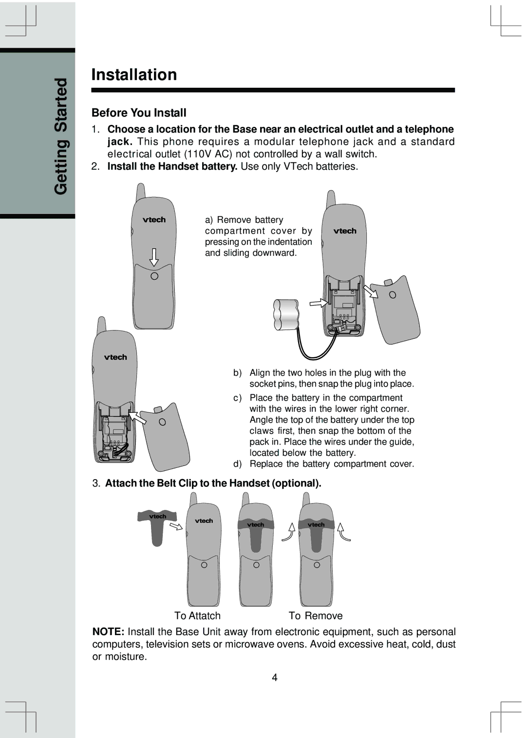 VTech t2415 manual Getting Started Installation, Before You Install, Attach the Belt Clip to the Handset optional 