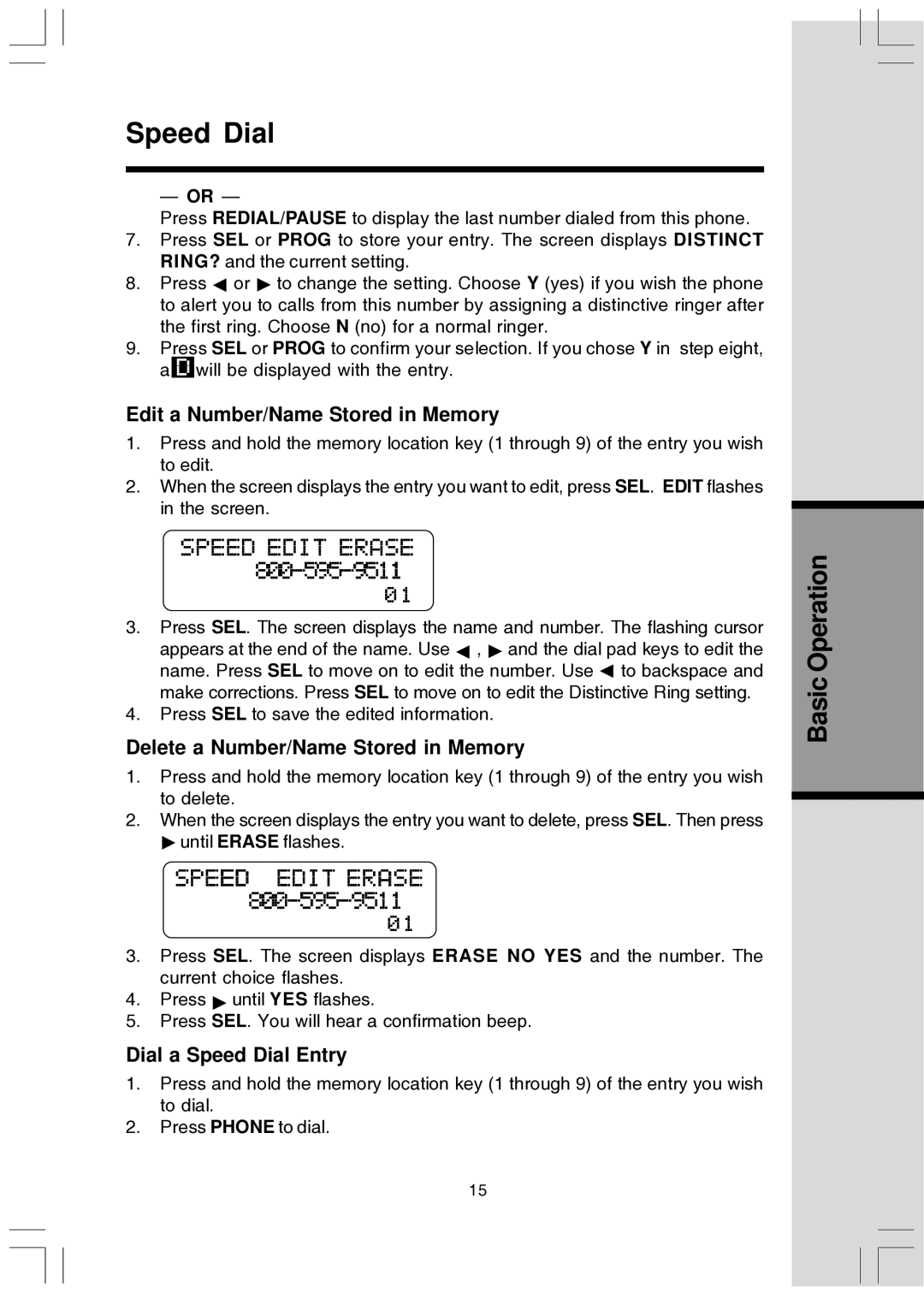 VTech T2447 user manual Edit a Number/Name Stored in Memory, Delete a Number/Name Stored in Memory, Dial a Speed Dial Entry 