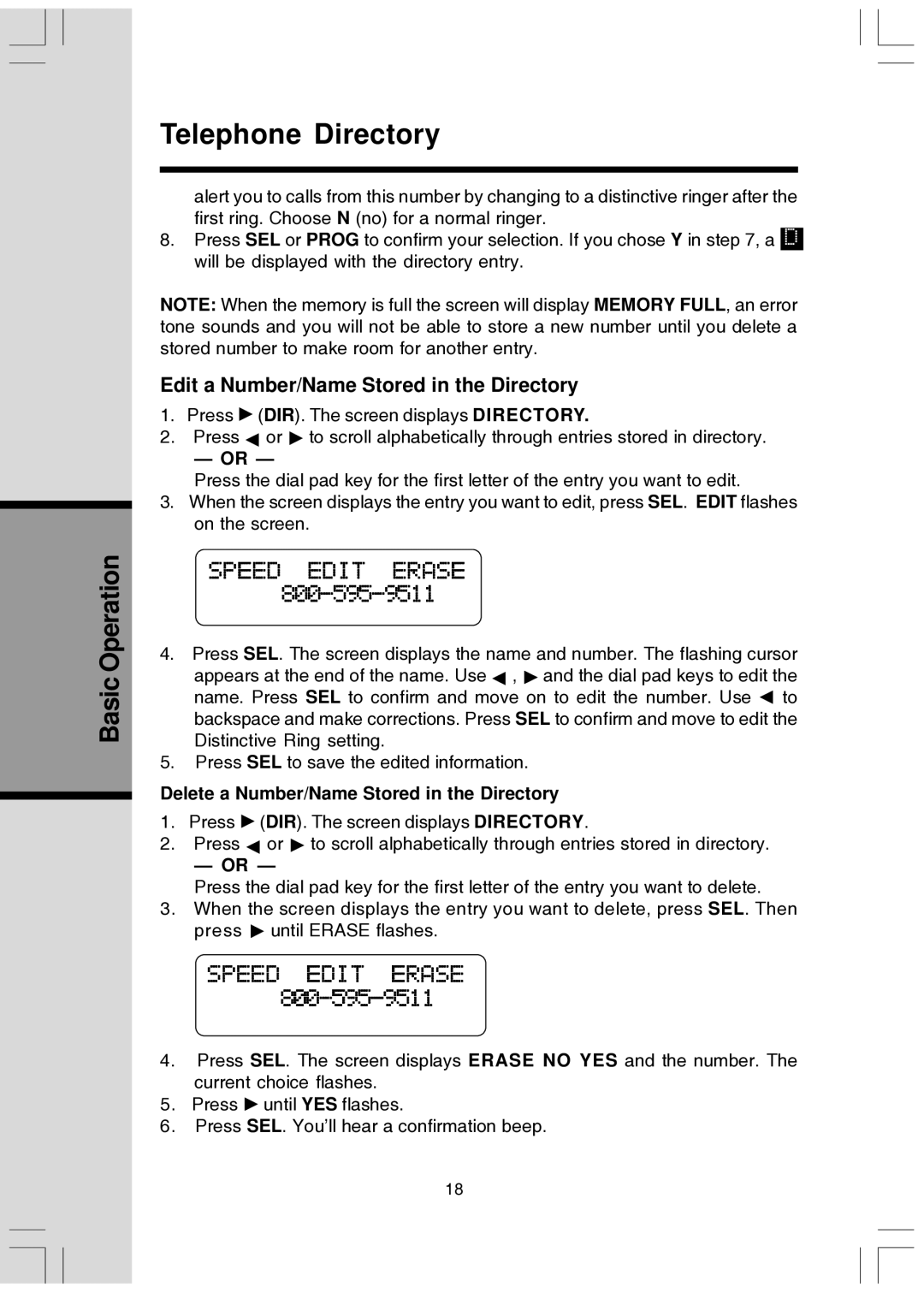 VTech T2447 user manual Edit a Number/Name Stored in the Directory, Delete a Number/Name Stored in the Directory 