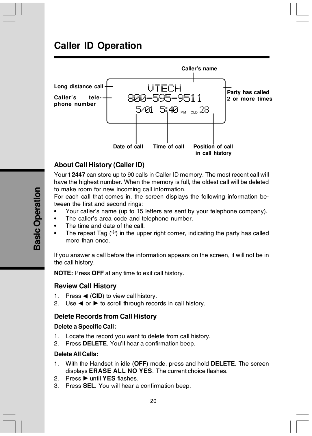 VTech T2447 Caller ID Operation, About Call History Caller ID, Review Call History, Delete Records from Call History 