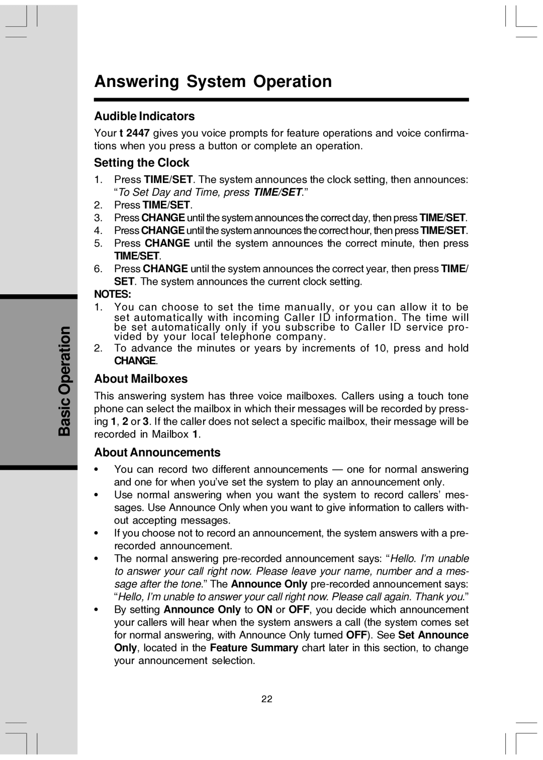 VTech T2447 Answering System Operation, Audible Indicators, Setting the Clock, About Mailboxes, About Announcements 