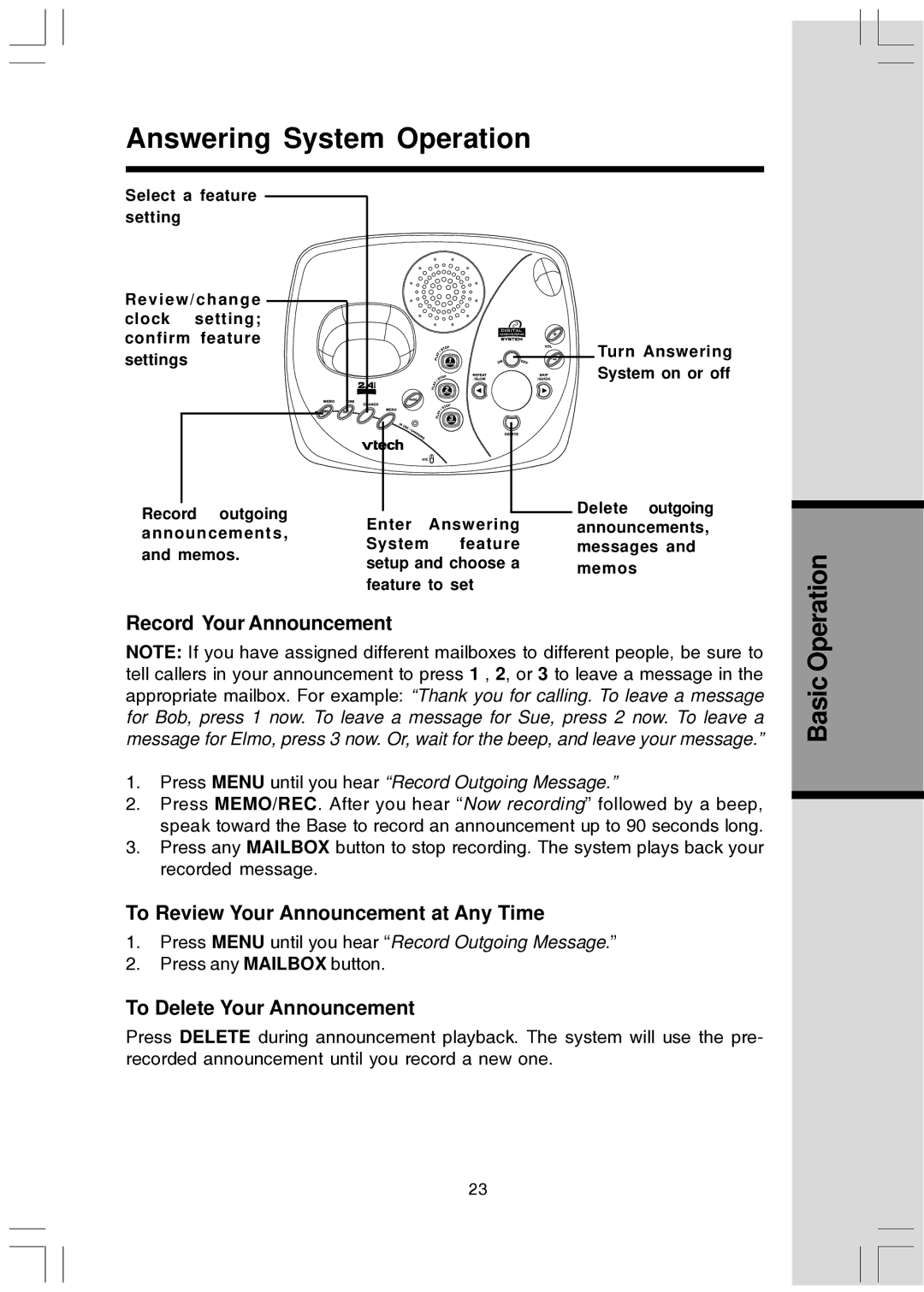 VTech T2447 user manual Record Your Announcement, To Review Your Announcement at Any Time, To Delete Your Announcement 