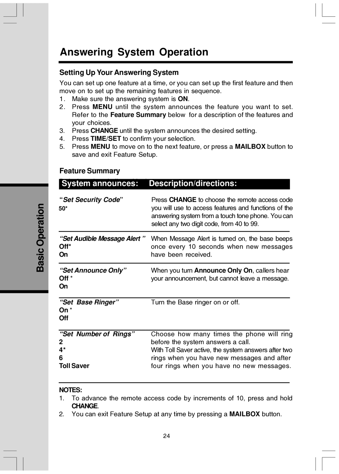 VTech T2447 user manual Setting Up Your Answering System, Feature Summary 