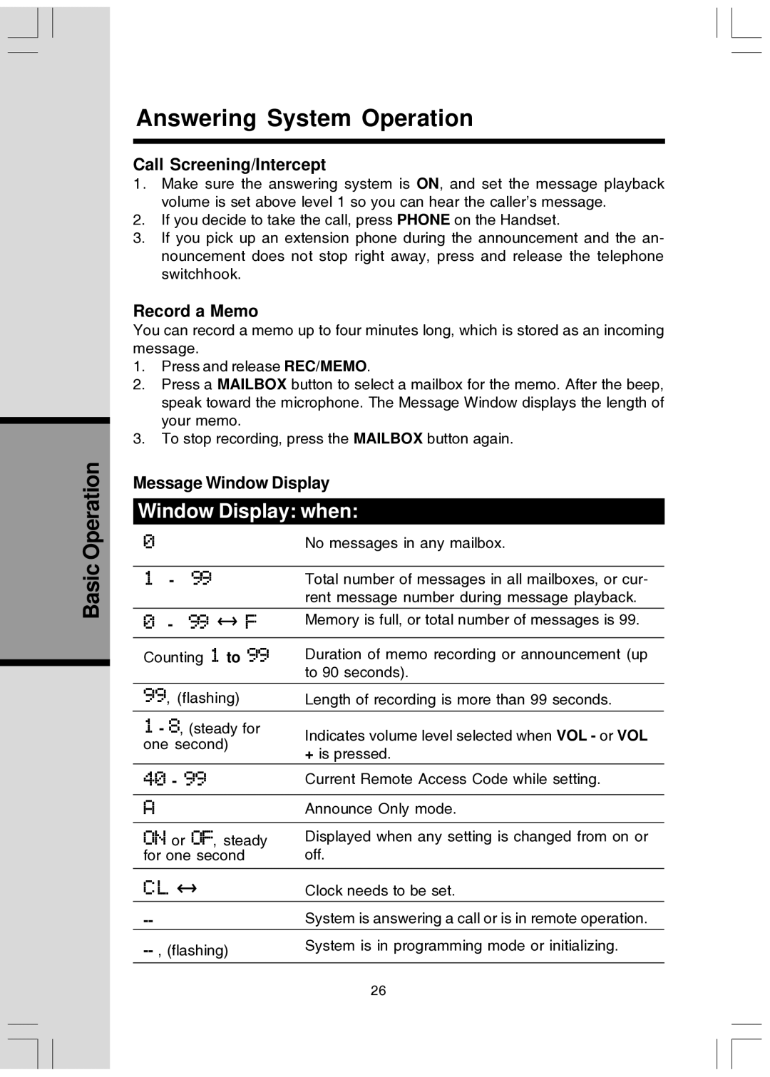 VTech T2447 user manual Call Screening/Intercept, Record a Memo, Message Window Display 