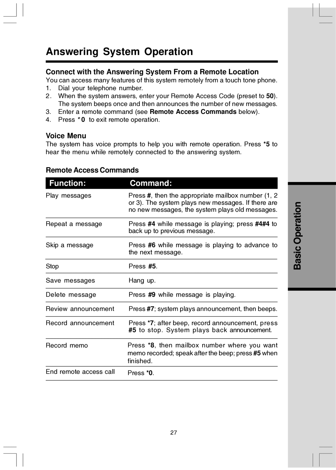 VTech T2447 user manual Connect with the Answering System From a Remote Location, Voice Menu, Remote Access Commands 