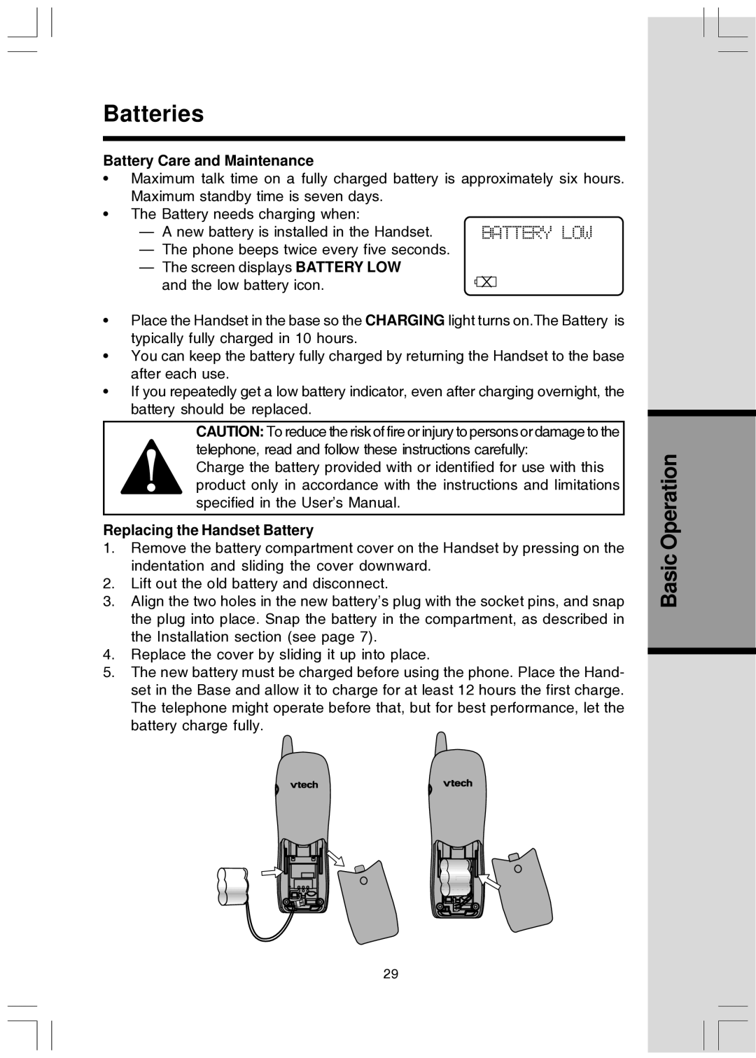 VTech T2447 user manual Batteries, Battery Care and Maintenance, Replacing the Handset Battery 