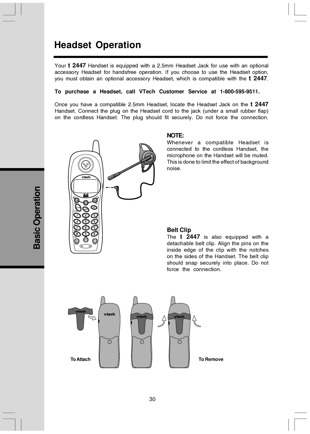 VTech T2447 user manual Headset Operation, Belt Clip 