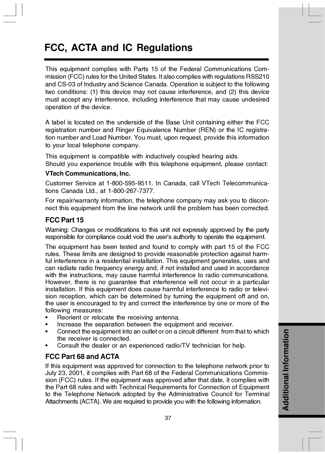 VTech T2447 user manual FCC, Acta and IC Regulations, FCC Part 68 and Acta, VTech Communications, Inc 