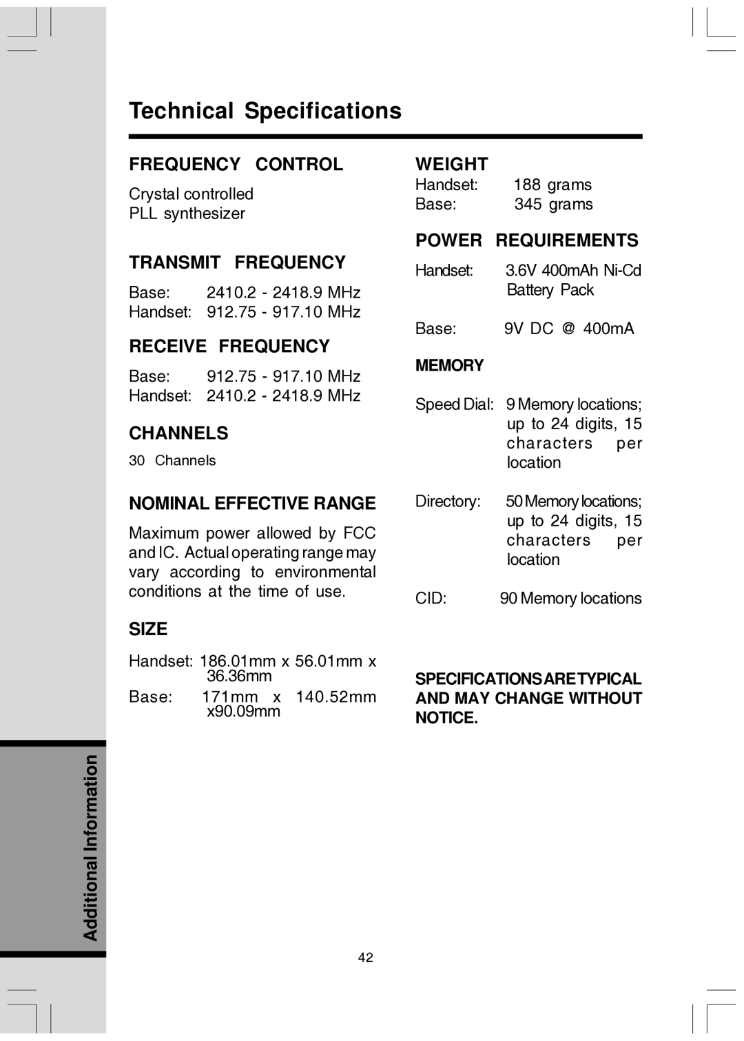 VTech T2447 user manual Technical Specifications, Nominal Effective Range 