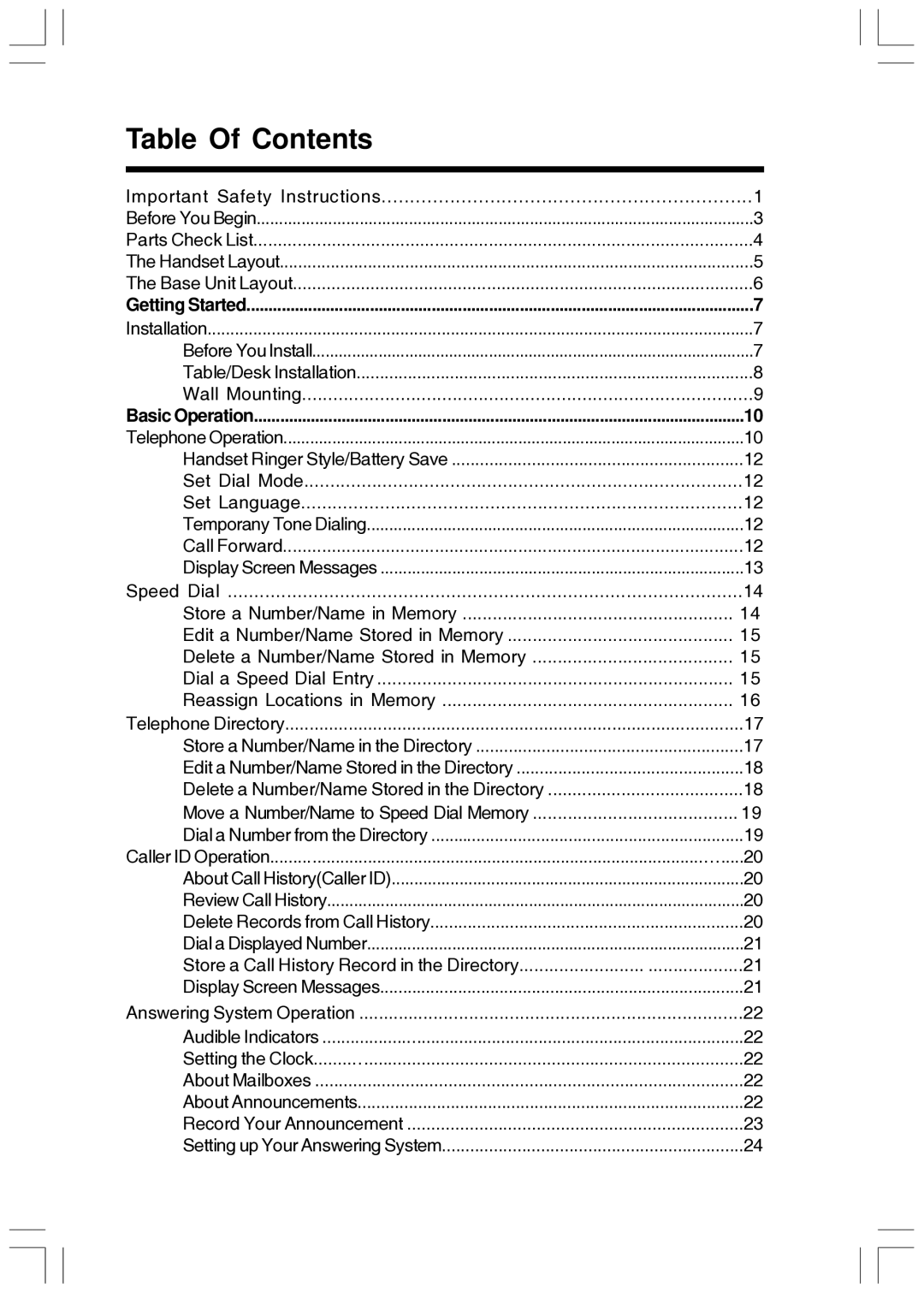 VTech T2447 user manual Table Of Contents 