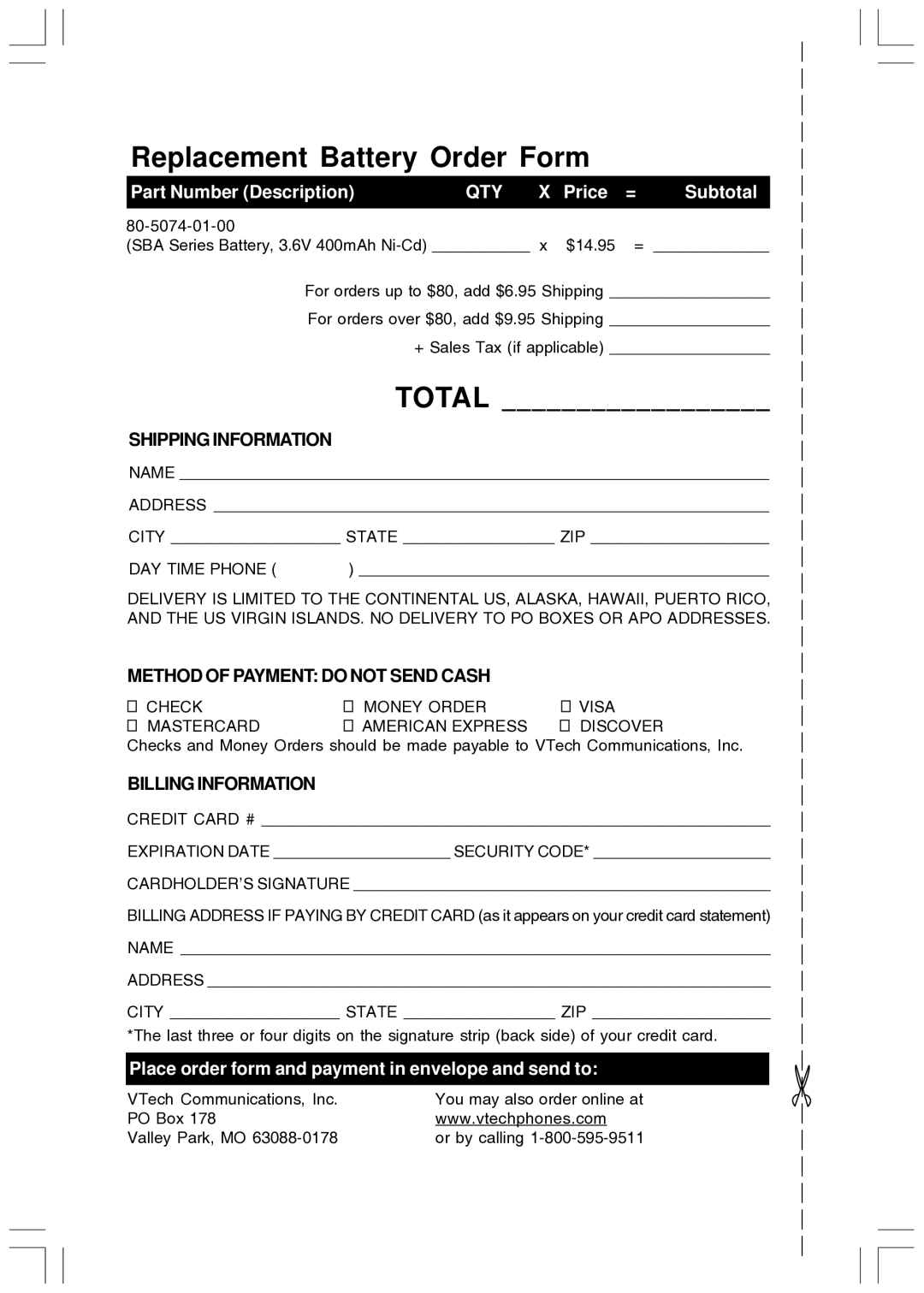 VTech T2447 user manual Replacement Battery Order Form, Qty 