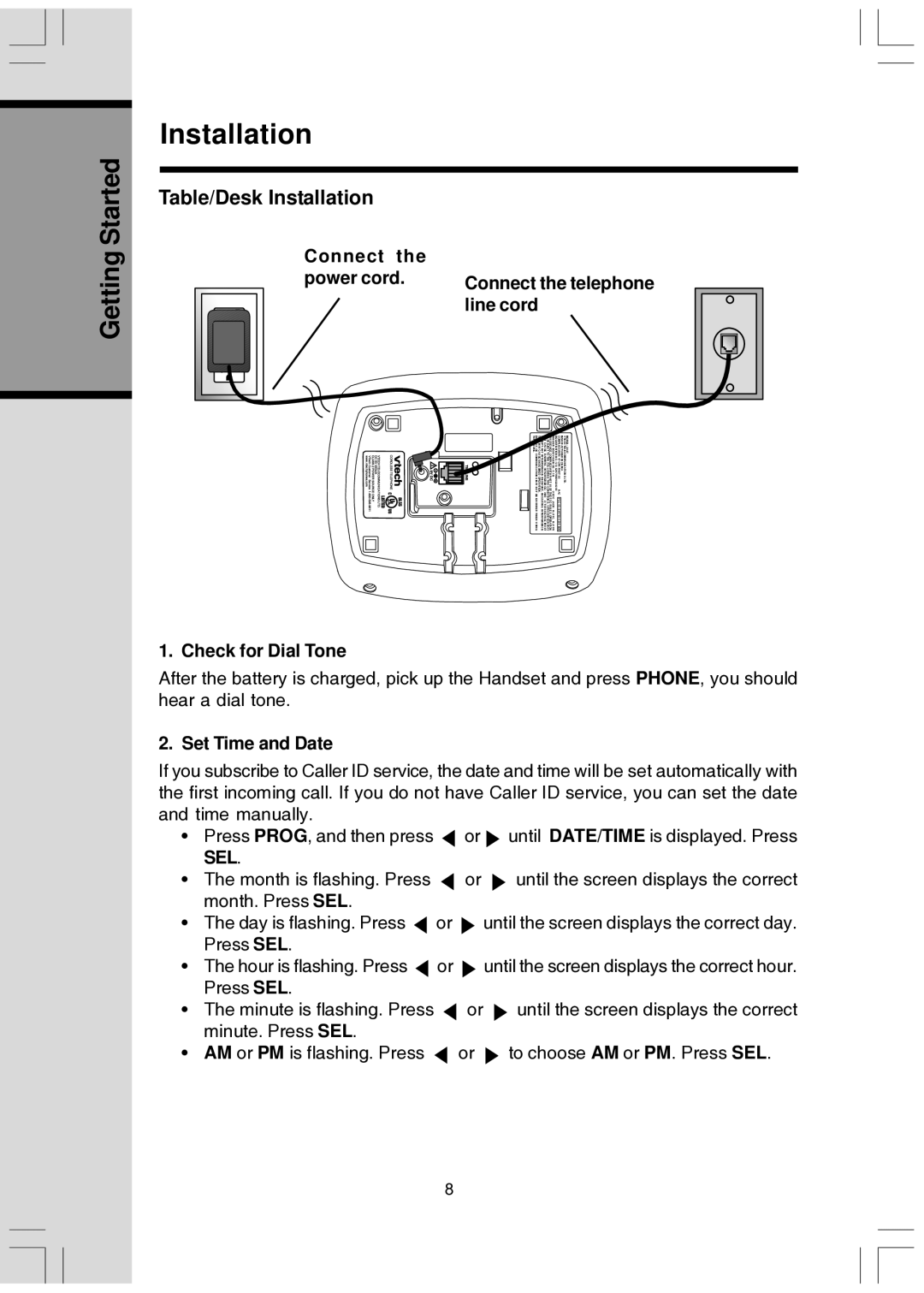 VTech T2447 user manual Table/Desk Installation, Connect Power cord, Line cord, Check for Dial Tone, Set Time and Date 