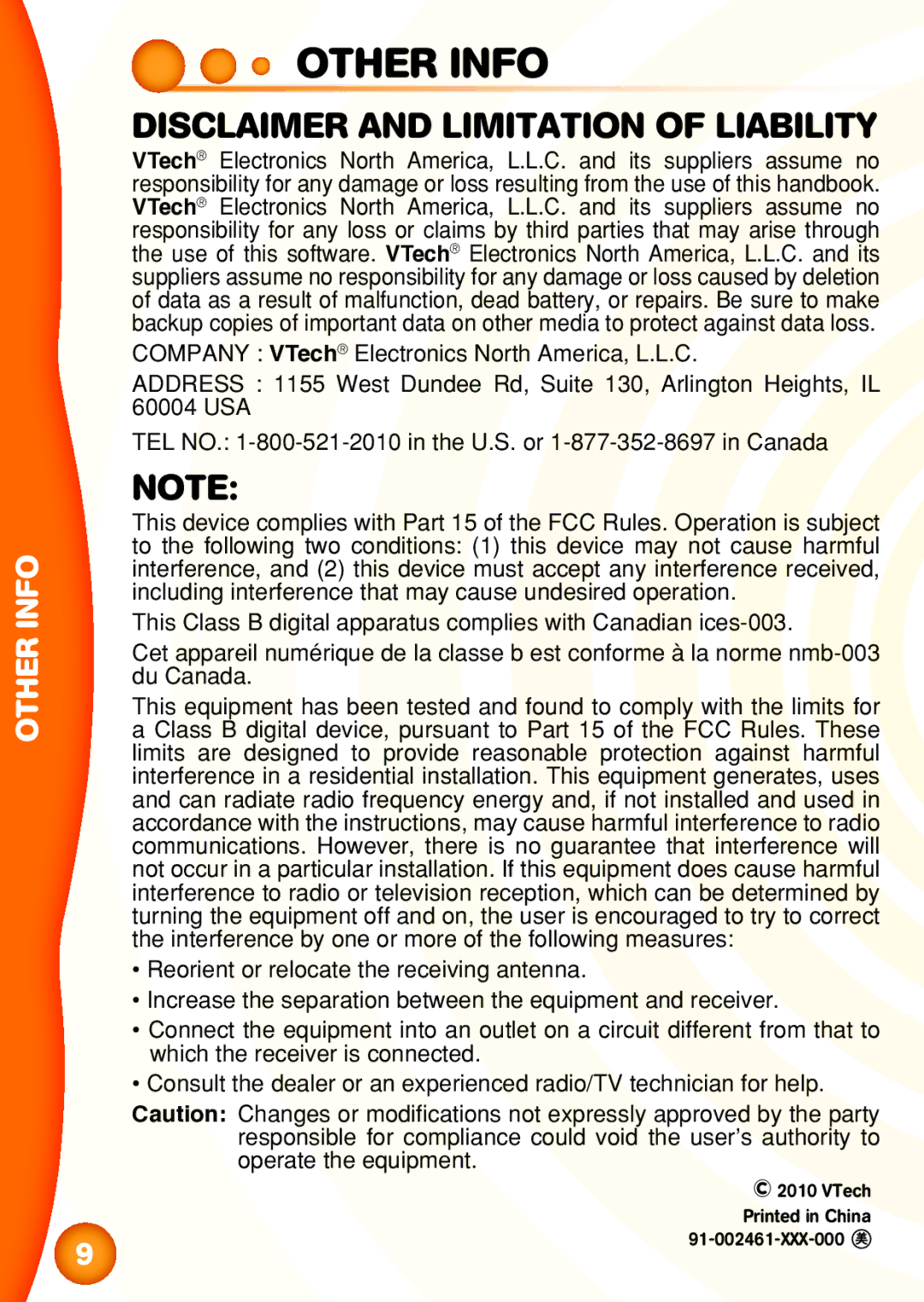 VTech TOUCH LEARNING SYSTEM user manual Other Info, Disclaimer and Limitation of Liability 