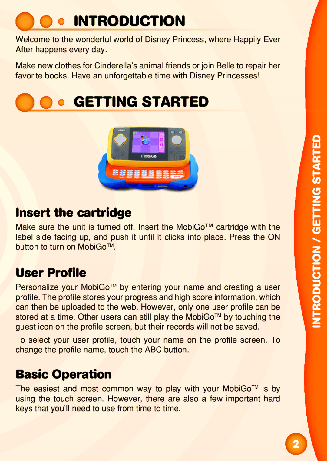 VTech TOUCH LEARNING SYSTEM user manual Introduction, Getting Started, Insert the cartridge, User Profile, Basic Operation 