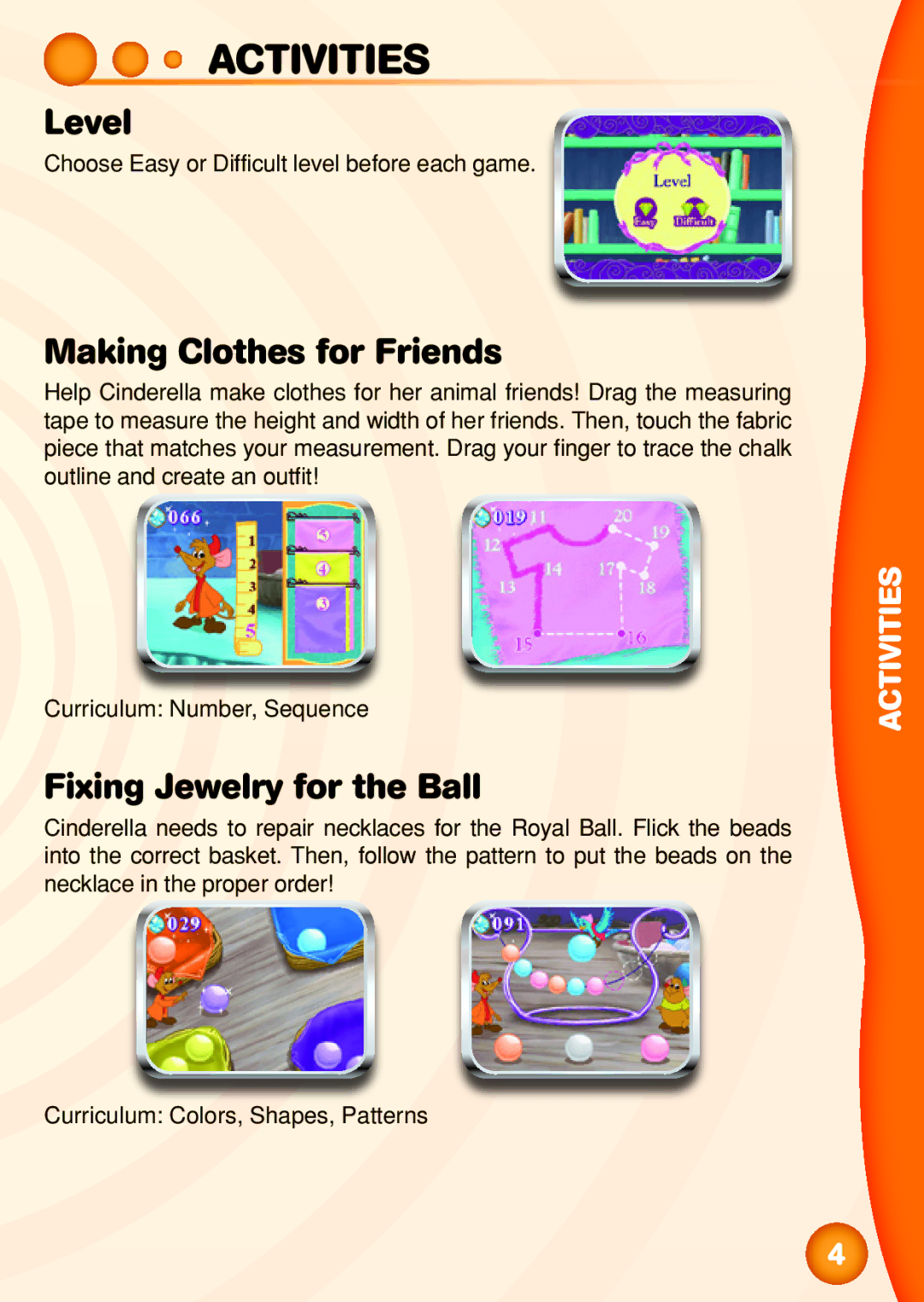 VTech TOUCH LEARNING SYSTEM user manual Activities, Level, Making Clothes for Friends, Fixing Jewelry for the Ball 