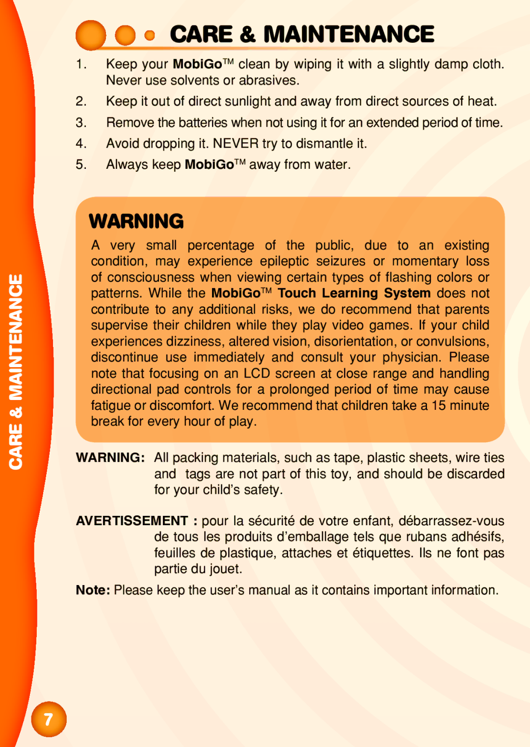 VTech TOUCH LEARNING SYSTEM user manual Care & Maintenance 