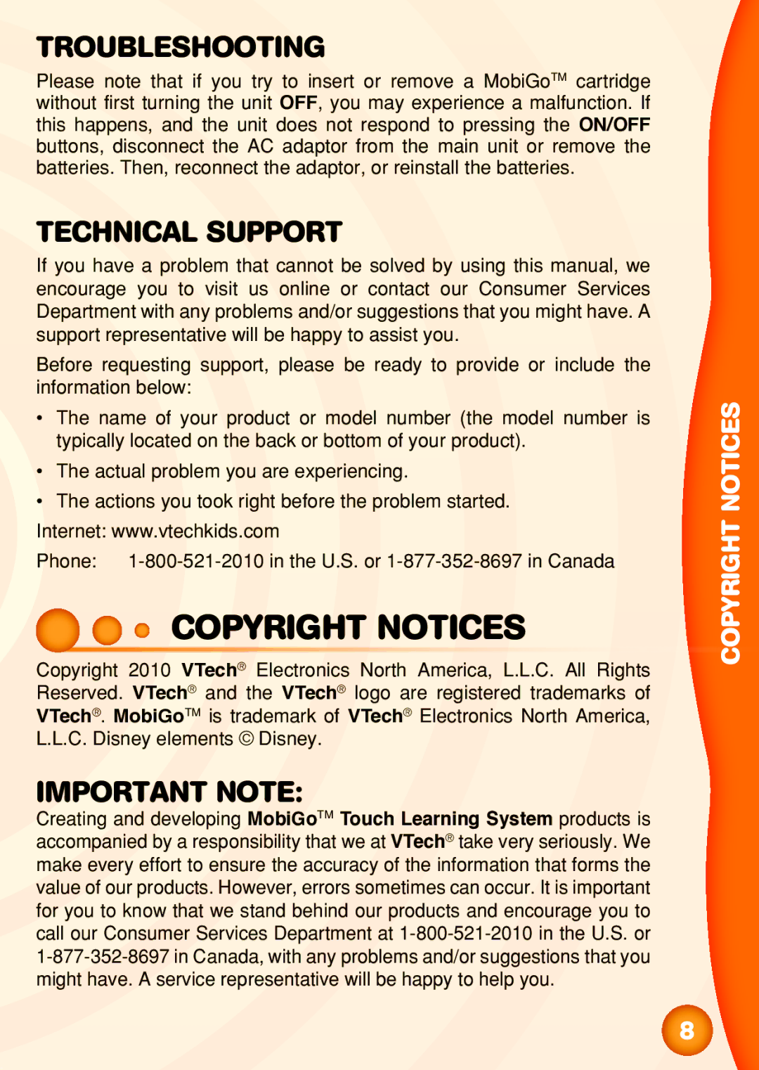 VTech TOUCH LEARNING SYSTEM user manual Copyright Notices, Troubleshooting 