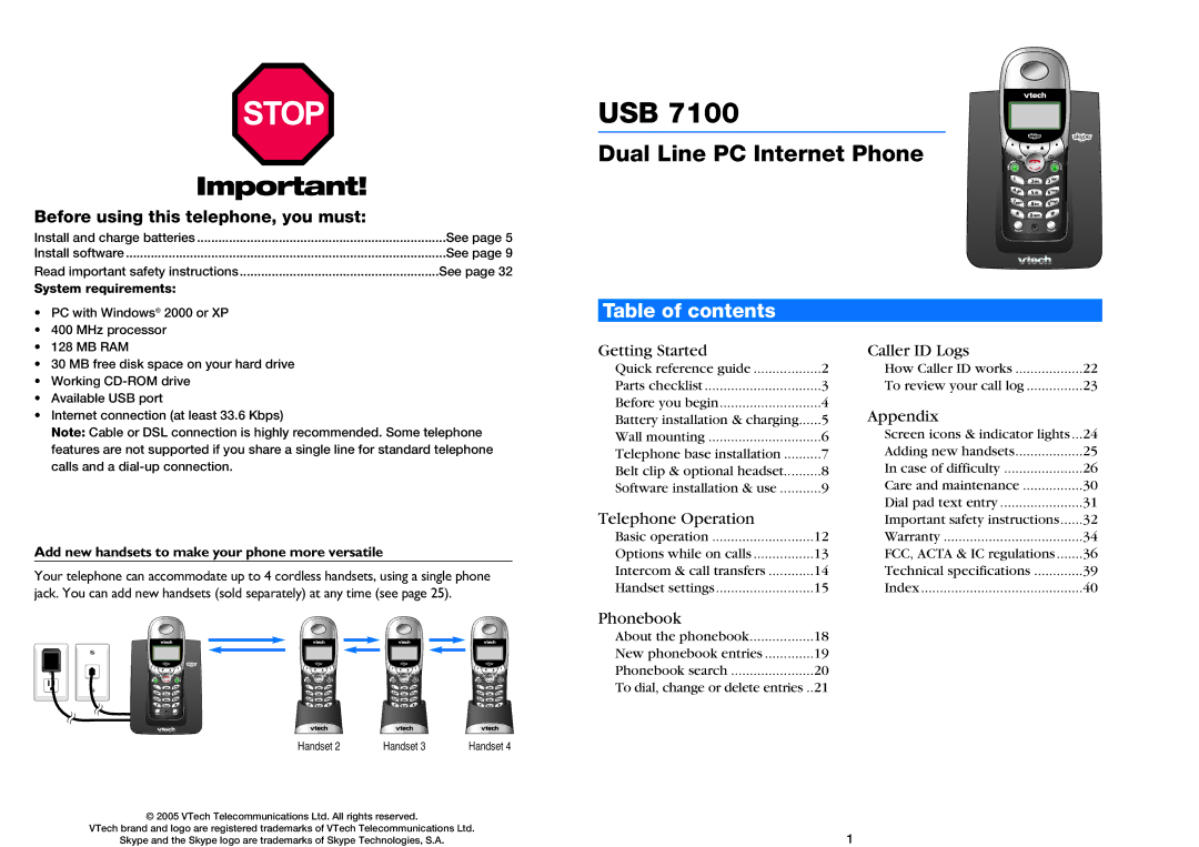 VTech USB 7100 manual Table of contents 