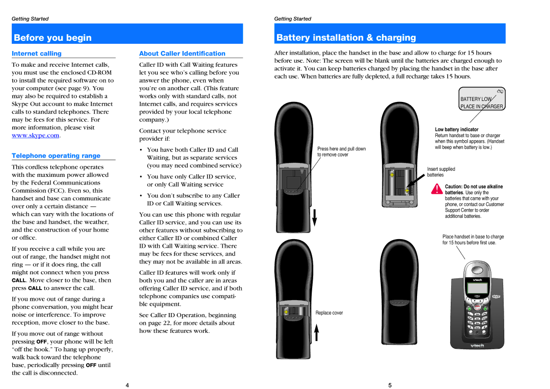 VTech USB 7100 manual Before you begin, Battery installation & charging, Internet calling, About Caller Identification 