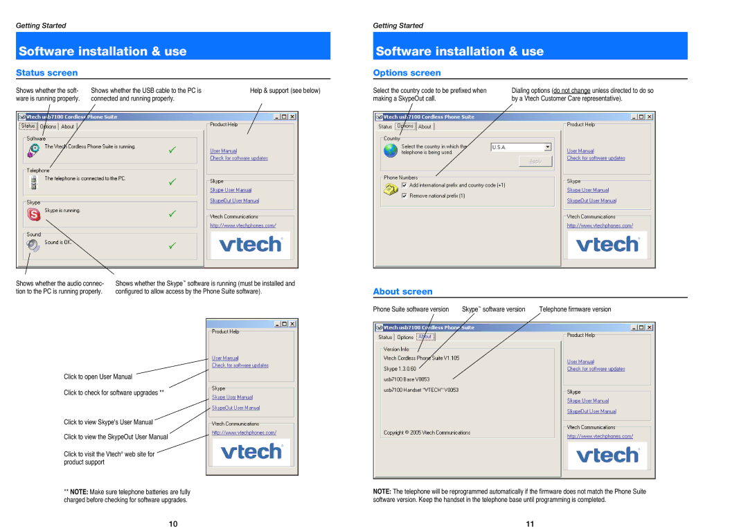 VTech USB 7100 manual Status screen, Options screen, About screen 