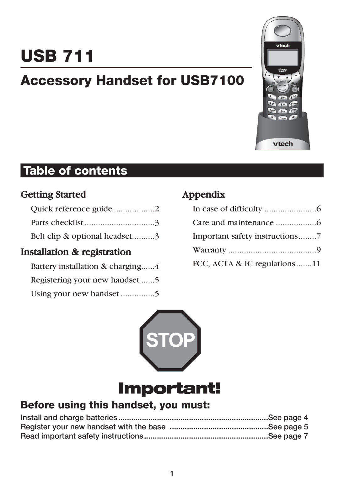 VTech USB7100, USB 711 manual Table of contents 