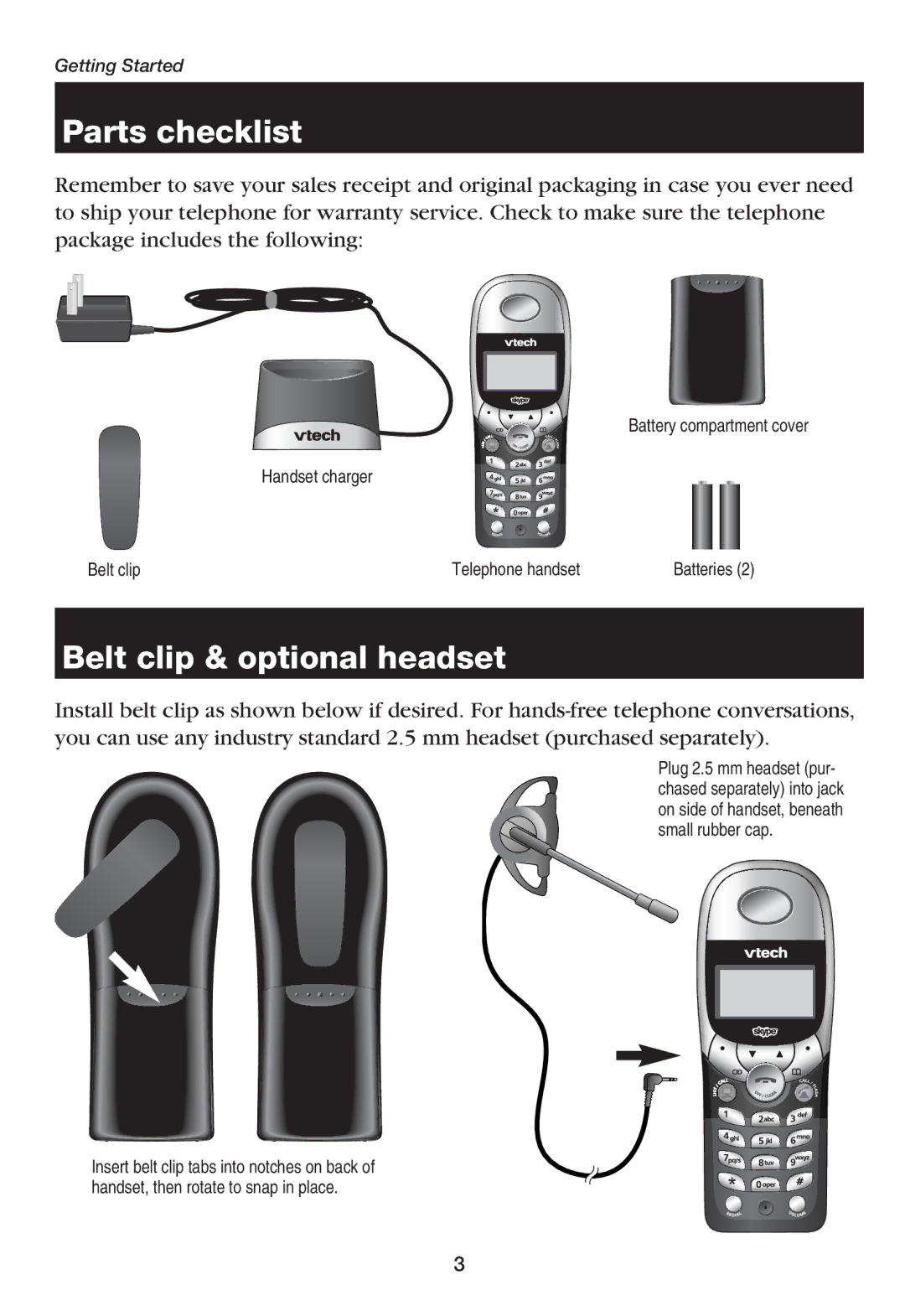 VTech USB7100, USB 711 manual Parts checklist, Belt clip & optional headset 