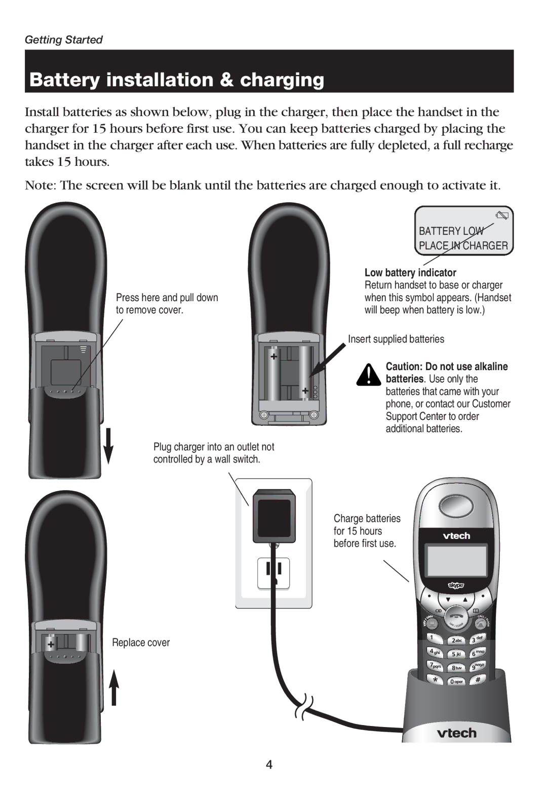 VTech USB 711, USB7100 manual Battery installation & charging, Low battery indicator 