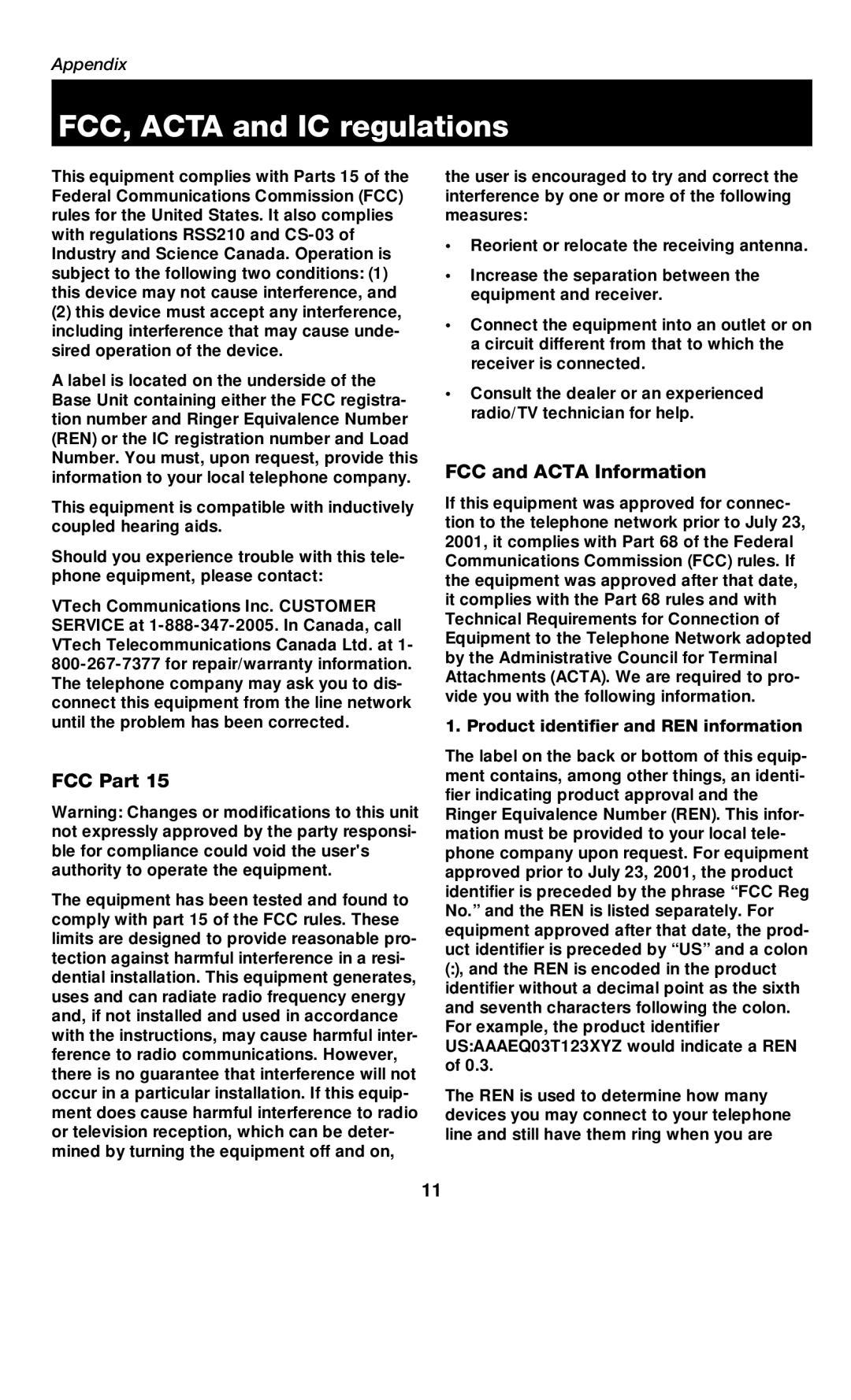 VTech USB7200 manual FCC, Acta and IC regulations, FCC Part, FCC and Acta Information 