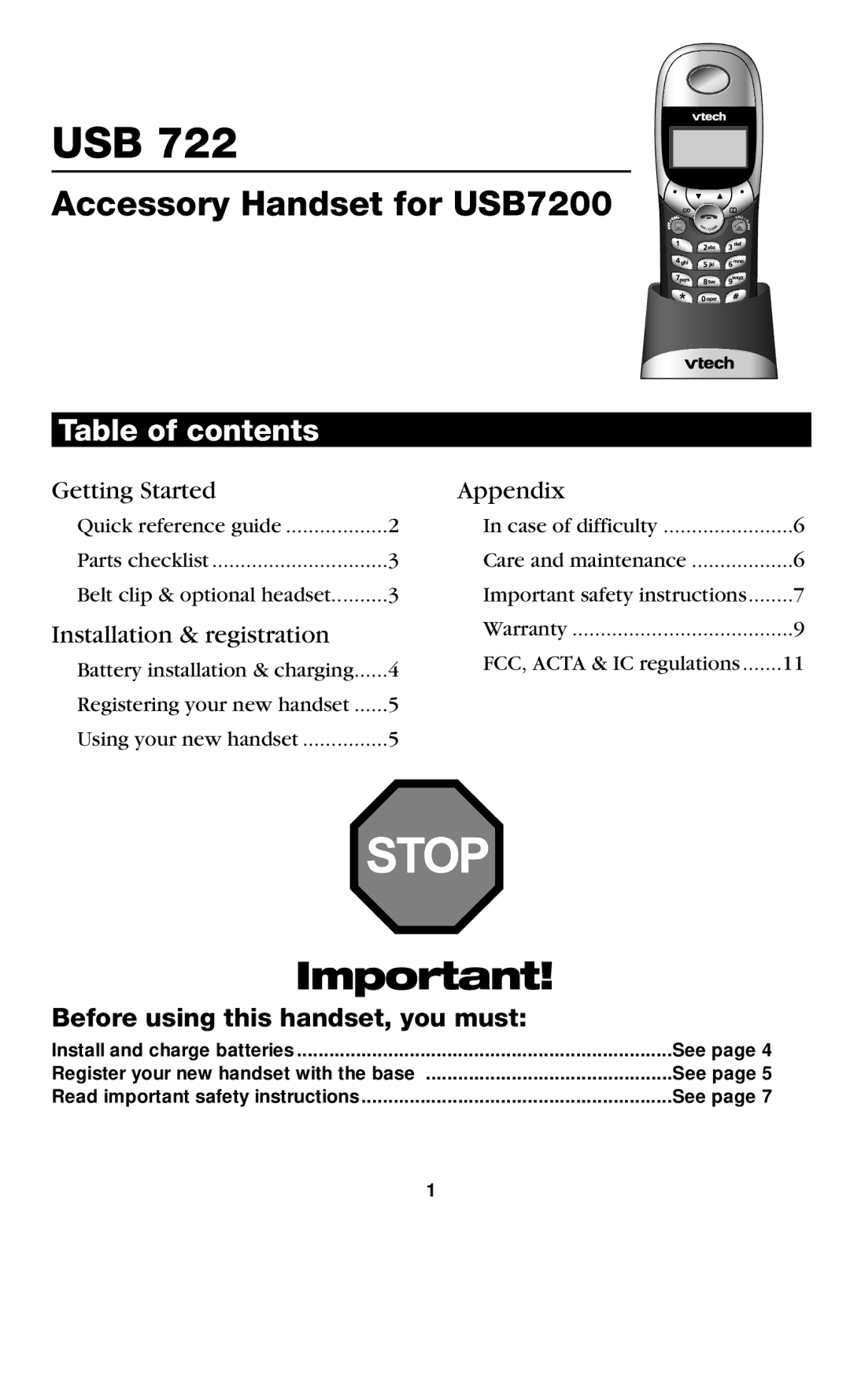 VTech USB7200 manual Table of contents 