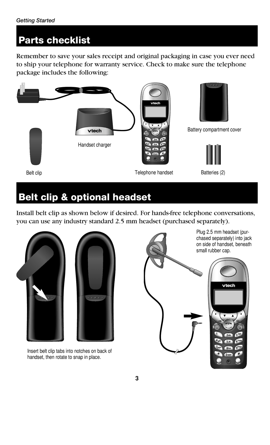 VTech USB7200 manual Parts checklist, Belt clip & optional headset 